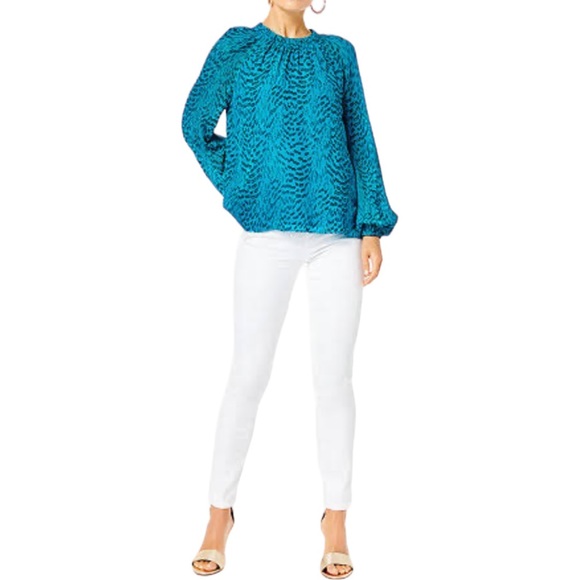 Lilly Pulitzer Caline Silk Top in Teal Clip Long Sleeve size Large NWT - Picture 2 of 14